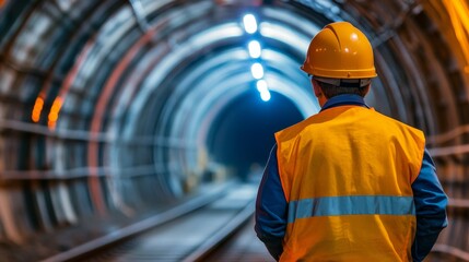 Poster - A detailed portrait of a tunnel engineer overseeing drilling operations for a subway tunnel, Subway tunnel drilling scene, Strategic and underground style