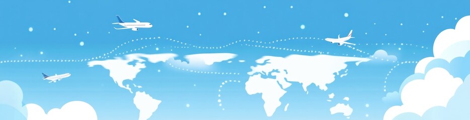 Aufkleber - A stylized illustration of planes flying over a world map with clouds and a blue sky.