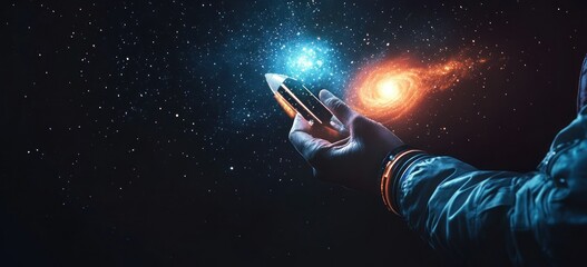 Poster - A hand holds a smartphone against a cosmic background of stars and galaxies.
