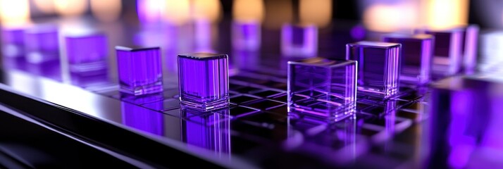 Poster - A close-up of a modern board game with transparent purple pieces on a sleek surface.