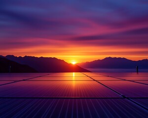 Wall Mural - international day of clean energy concept, a stunning sunset casts vibrant colors over a solar panel