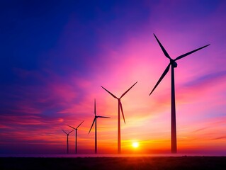 Wall Mural - International day of clean energy concept, A stunning sunset with vibrant colors behind wind turbines, symbolizing renewable energy and the beauty of nature.