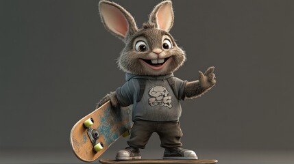 Poster - A cheerful cartoon rabbit character holding a skateboard, dressed in casual attire.