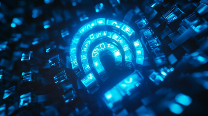 Poster - A blue internet symbol is shown in the center of a 3D tech background.