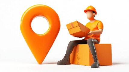Poster - A 3D illustration of a worker with a package next to a location pin symbolizing delivery services.