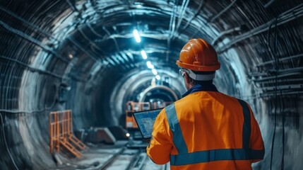 Poster - A detailed portrait of a tunnel engineer overseeing tunnel boring machine operations underground, Tunnel boring machine scene, Strategic and underground style