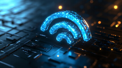 Poster - A blue internet symbol is shown in the center of a 3D tech background.