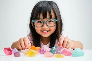 Aufkleber - A cheerful girl with glasses plays with colorful crystals on a table.