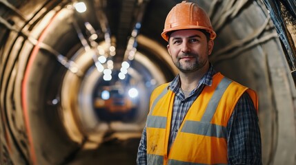 Poster - A detailed portrait of a tunnel engineer overseeing tunnel excavation using a tunnel boring machine underground, Tunnel excavation engineering scene, Strategic and underground style