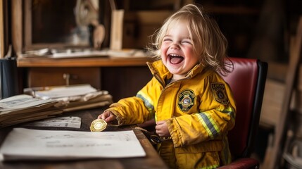 Aufkleber - A joyful child in a firefighter's jacket, laughing while sitting at a desk with papers.