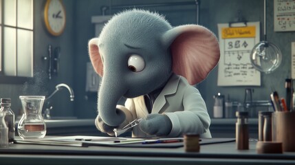 Poster - A cartoon elephant in a lab coat examines a specimen under a microscope in a scientific setting.