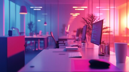 Poster - A modern office space with glowing lights and computers, designed for productivity.