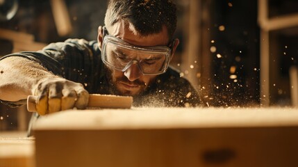 Poster - A detailed view of a carpenter wearing safety goggles and holding a chisel, with a background of wooden planks and sawdust, Carpentry workshop scene