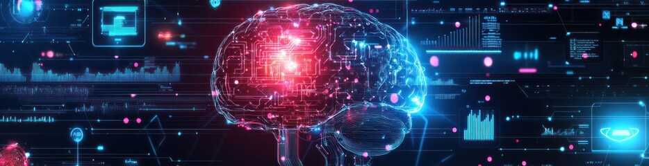 Poster - A digital illustration of a brain surrounded by data visualizations and technology elements.
