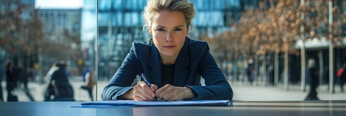 Aufkleber - A focused businesswoman writing in a modern urban setting.
