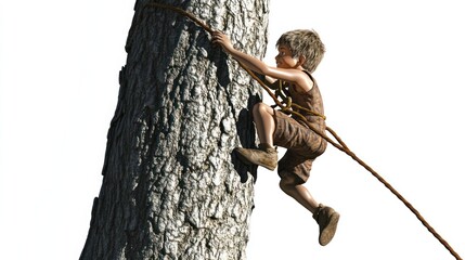 Poster - A young child climbs a tree using a rope, showcasing adventure and exploration.