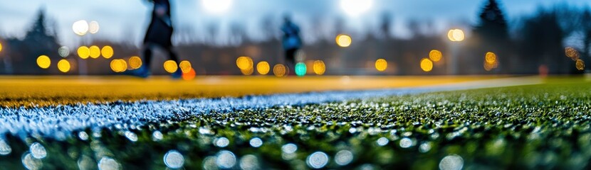 Poster - A close-up view of a sports field with blurred figures in the background under evening lights.