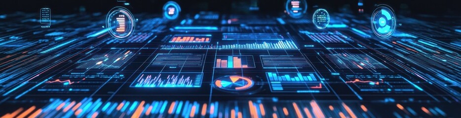 Fototapete - A futuristic digital interface displaying data and analytics in a high-tech environment.