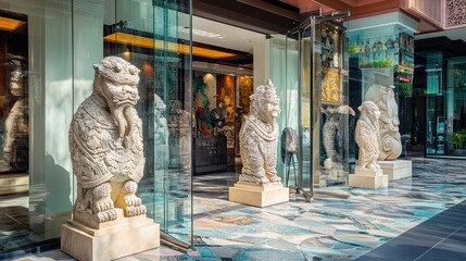 Poster - Entrance featuring decorative lion statues and glass doors in a modern architectural setting.