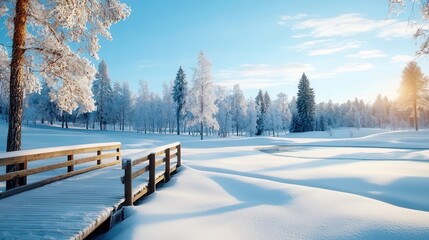 Wall Mural - Breathtaking winter landscape with a frozen lake surrounded by a snow covered forest under a bright blue sky