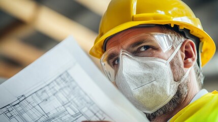 Poster - A detailed view of a construction worker in a yellow hard hat and work boots, handling a construction material with care and looking towards the camera, Construction site scene