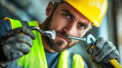 Poster - A detailed view of a construction worker wearing a neon green hard hat and ear protection, adjusting scaffolding and glancing at the camera, Construction site scene