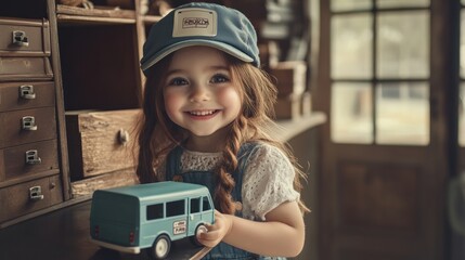 Aufkleber - A smiling child holding a toy van in a cozy, vintage-inspired indoor setting.