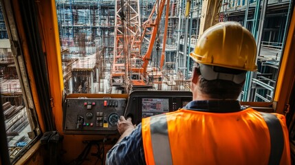 Poster - A detailed view of a crane operator inside the cabin, maneuvering heavy machinery amidst construction materials, Crane operation scene