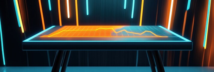 Poster - A digital display table showing a fluctuating graph in a futuristic setting.