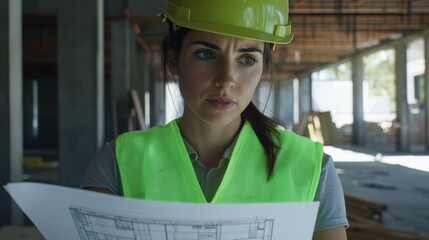 Aufkleber - A detailed view of a female construction engineer in a neon green vest and helmet, reviewing architectural plans at a construction site, Construction site scene