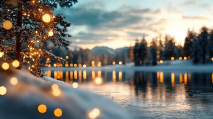 Wall Mural - Mesmerizing winter landscape with a frozen lake surrounded by a snowy forest illuminated by twinkling lights that create a magical fairytale like atmosphere at dusk  A serene peaceful