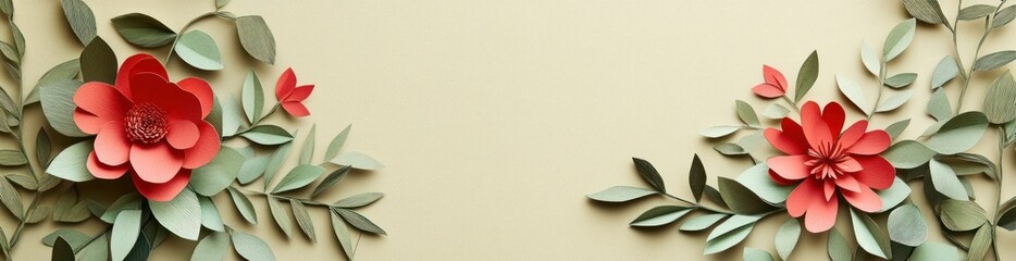Poster - A decorative arrangement of paper flowers and leaves on a neutral background.