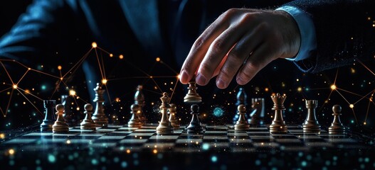 Poster - A hand moves a chess piece on a board, symbolizing strategy and intellect in a digital age.