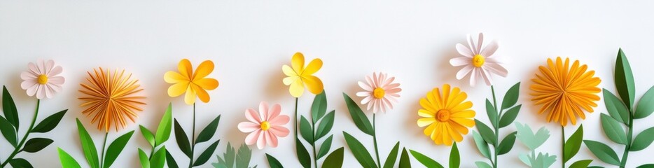 Poster - A vibrant arrangement of colorful paper flowers and leaves on a white background.