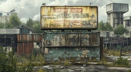 Poster - A dilapidated billboard in an abandoned industrial area, surrounded by overgrown vegetation.