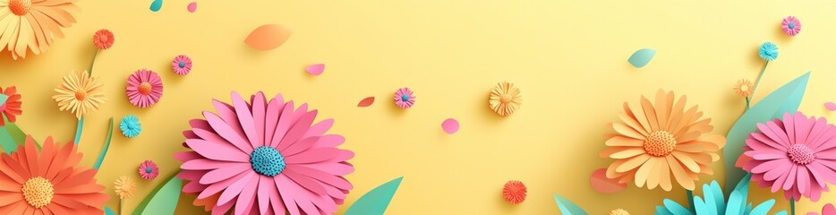 Poster - Colorful paper flowers against a bright yellow background, creating a cheerful atmosphere.