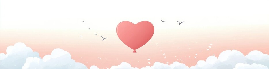 Aufkleber - A heart-shaped hot air balloon floats above soft clouds and birds, evoking love and serenity.