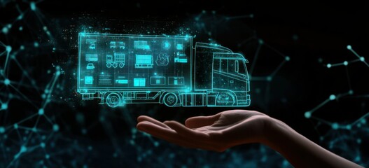 Poster - A hand holds a holographic truck, symbolizing innovation in logistics and transport technology.