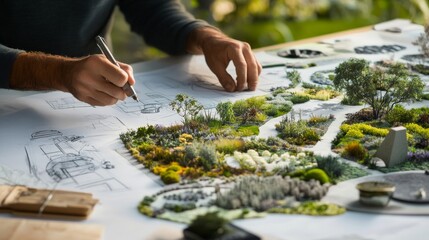 Poster - A detailed view of a landscape architect planning a garden, with sketches and plant samples on a table, Landscape design studio scene