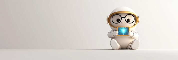 Poster - A cute robot character holding a glowing tablet, set against a minimalist background.
