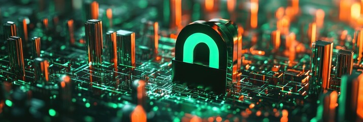 Fototapete - A digital representation of a secure lock on a circuit board, symbolizing cybersecurity.