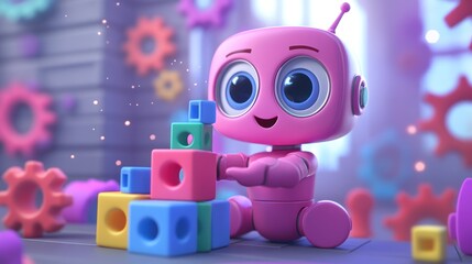 Aufkleber - A cheerful pink robot stacking colorful blocks in a playful environment.