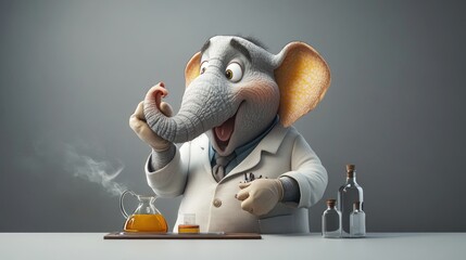 Aufkleber - A cheerful elephant in a lab coat conducts an experiment with glassware.