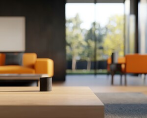 Wall Mural - A modern, stylish living room featuring an orange sofa, wooden table, and large windows bringing in natural light.