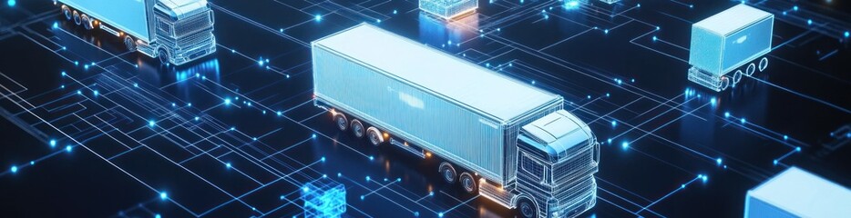 Poster - Digital representation of trucks in a networked environment, symbolizing logistics and transport.