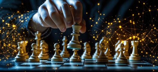 Poster - A hand moves a chess piece on a board, surrounded by a glowing digital network.