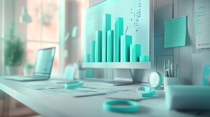 Poster - A modern workspace featuring a computer with data visualizations and organized supplies.
