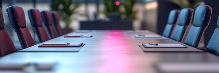 Poster - A modern conference room with a long table, chairs, and stationery for meetings.