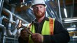 © ArpPSIqee - A detailed view of a pipefitter in a hard hat and safety vest, holding a pipe wrench and looking directly at the camera, with industrial piping in the background