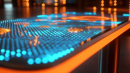Aufkleber - A futuristic table with glowing blue and orange patterns, showcasing interactive technology.